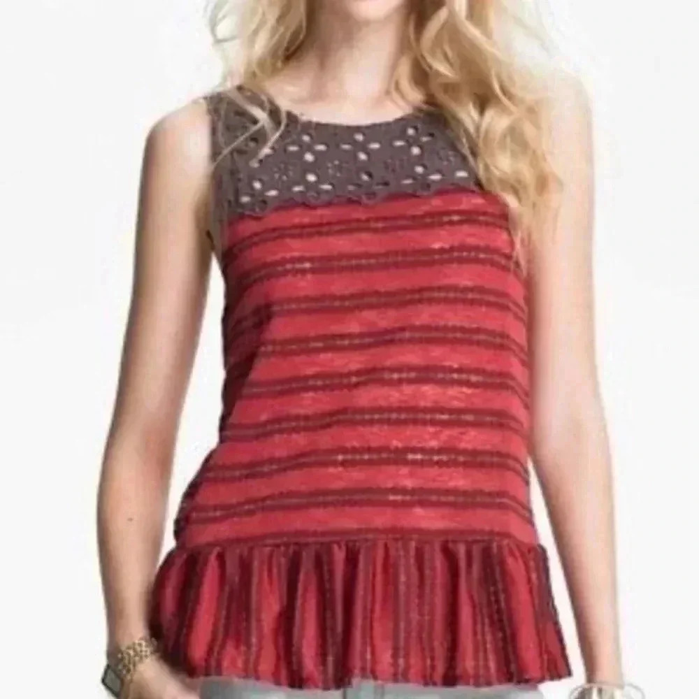 Free People Bohemian Boho Stripped Eyelet Peplum Top